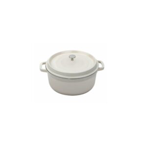 Round antique white Dutch oven with lid.