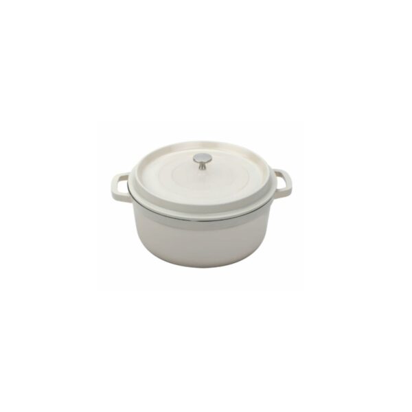 Round antique white Dutch oven with lid.