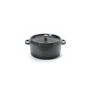 Round graphite Dutch oven with lid.
