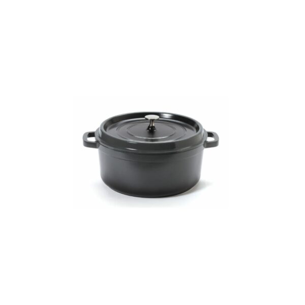 Round graphite Dutch oven with lid.