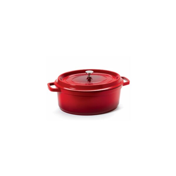Red oval Dutch oven with lid.