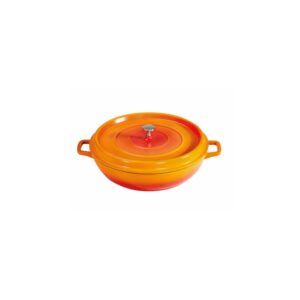 Orange round braiser with black interior.