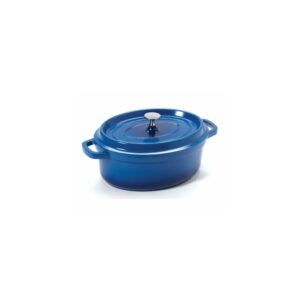 Lightweight blue oval Dutch oven with lid.