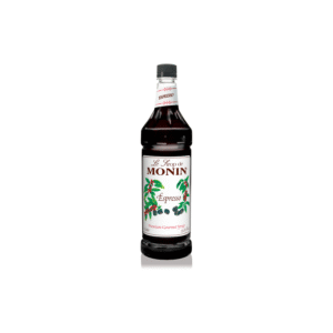 Espresso syrup bottle with white label.