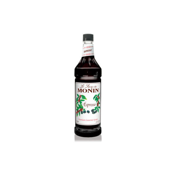 Espresso syrup bottle with white label.