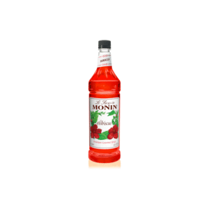 Hibiscus syrup bottle with tropical floral label.