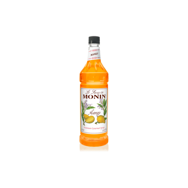 Mango syrup bottle with tropical fruit label.