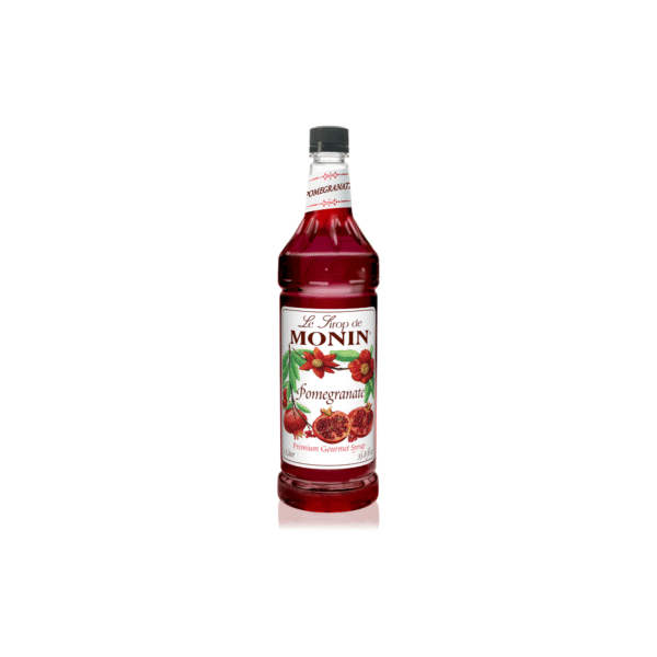 Monin Pomegranate Syrup bottle with white label.