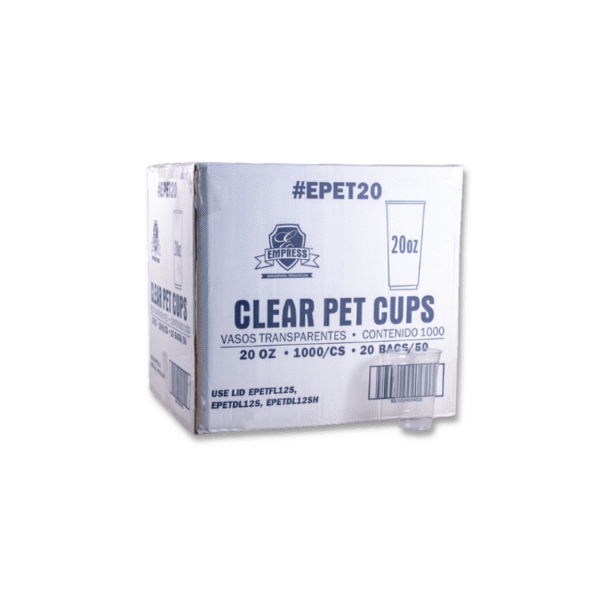 Case of clear 20 oz. Empress PET cups for cold beverages.