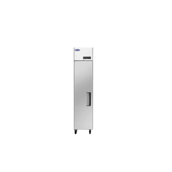Front closed stainless steel slim reach-in freezer.