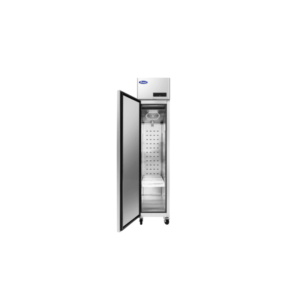 Open stainless steel slim reach-in freezer.