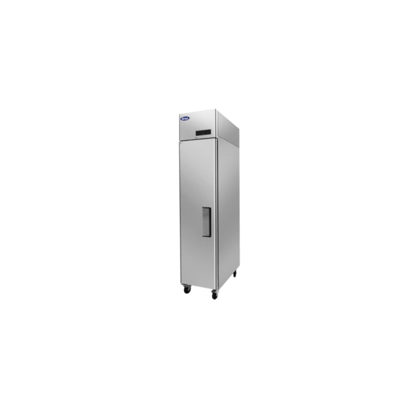 Side view of stainless steel slim reach-in freezer.