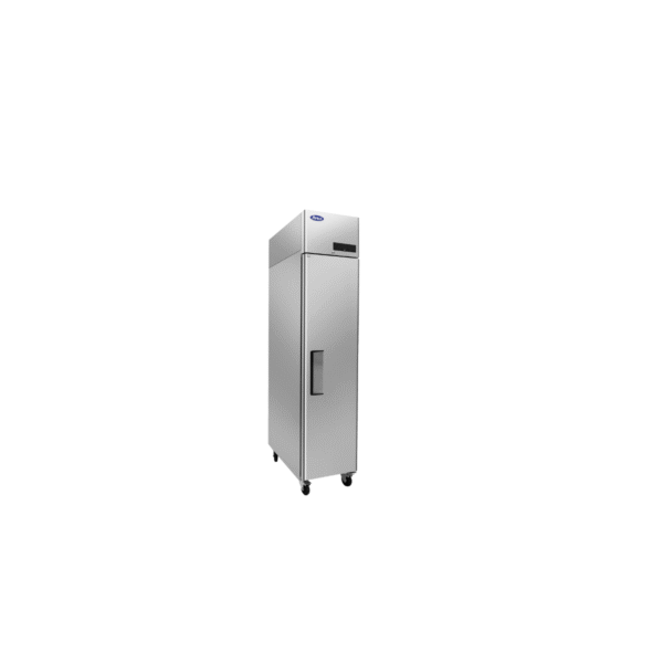 Side view Atosa MBF15FSGR stainless steel slim one-section reach-in freezer.