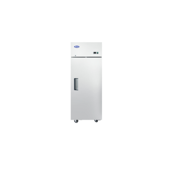 Front view of closed Atosa MBF8001GR one-section reach-in freezer with stainless steel exterior