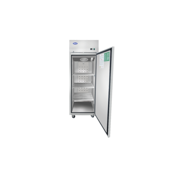 Open Atosa MBF8001GR one-section reach-in freezer with stainless steel exterior.