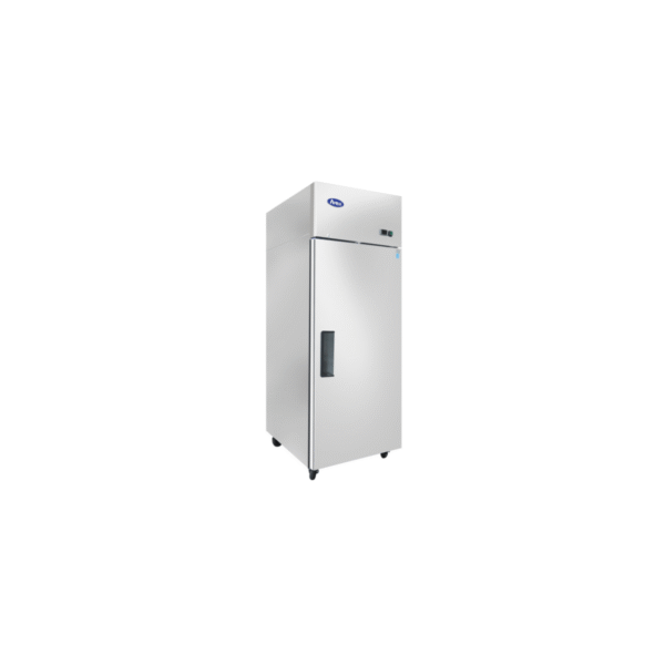 Left side view of Atosa MBF8001GR one-section reach-in freezer with stainless steel exterior.