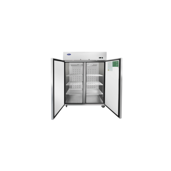 Open Atosa MBF8002GR two-section reach-in freezer with stainless steel exterior.