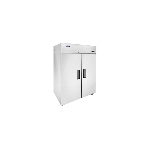 Side view of Atosa MBF8002GR two-section reach-in freezer with stainless steel exterior.