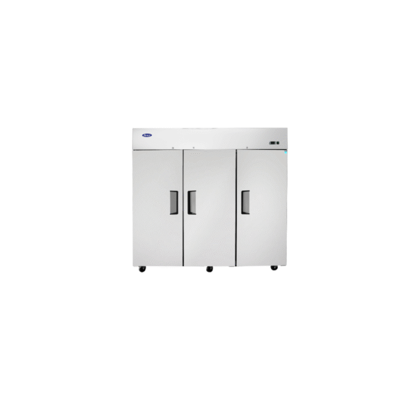 Atosa MBF8003GR three-section reach-in freezer with stainless steel finish.