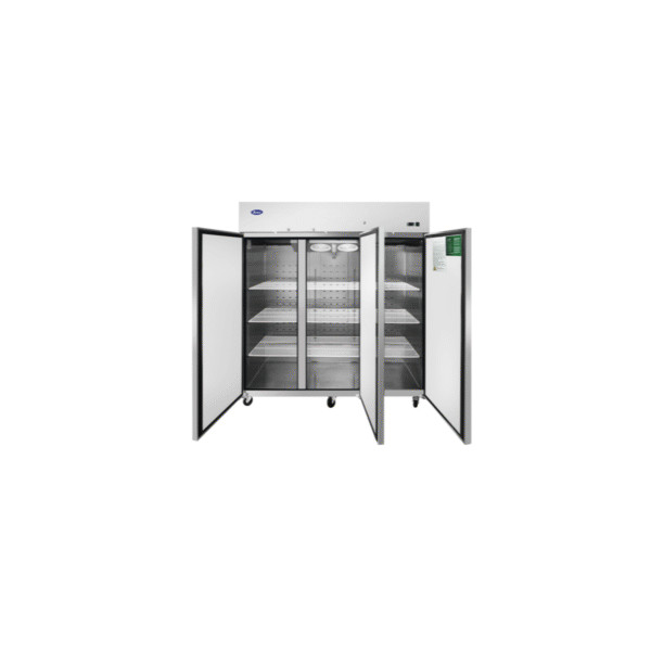 Open Atosa MBF8003GR three-section reach-in freezer with stainless steel finish.