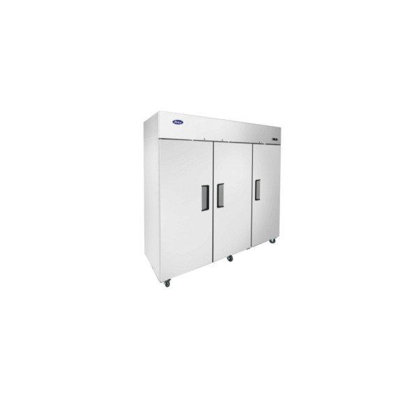 Side view of Atosa MBF8003GR three-section reach-in freezer with stainless steel finish.