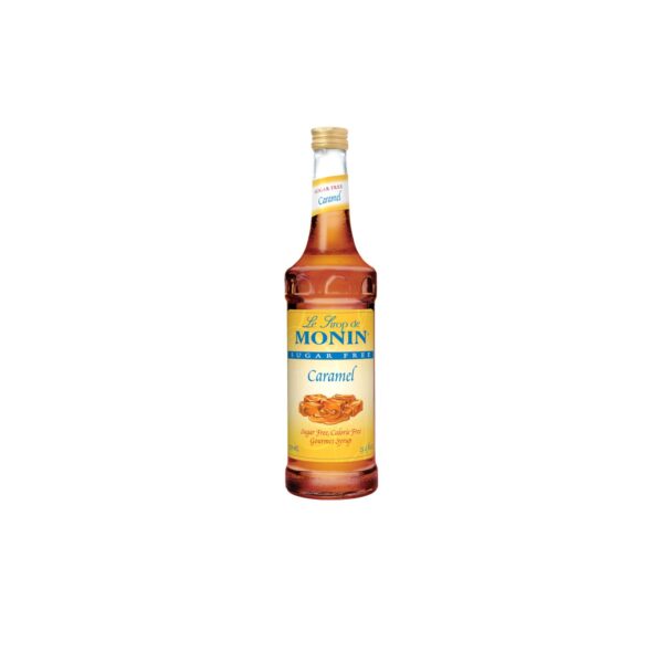 Monin Sugar Free Caramel Syrup bottle with visible label.