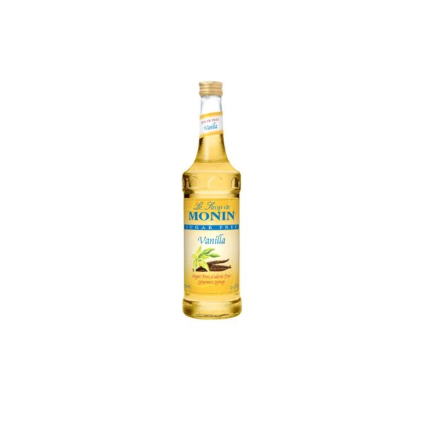 Monin Sugar Free Vanilla Syrup bottle with label visible.
