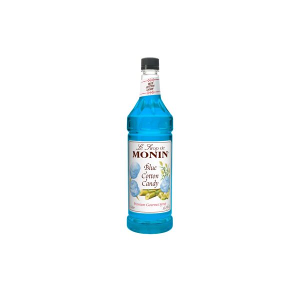 Bottle of Monin Blue Cotton Candy Syrup.