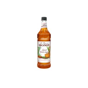Monin Spiced Brown Sugar Syrup bottle with label facing forward.