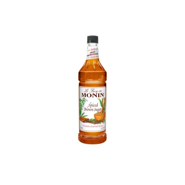 Monin Spiced Brown Sugar Syrup bottle with label facing forward.