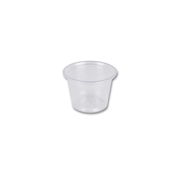 Clear 1 ounce polypropylene portion cup.
