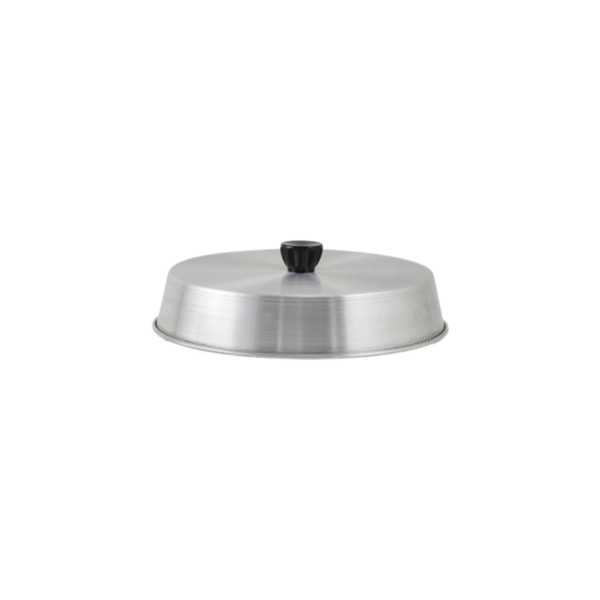 Aluminum basting cover with black round handle.