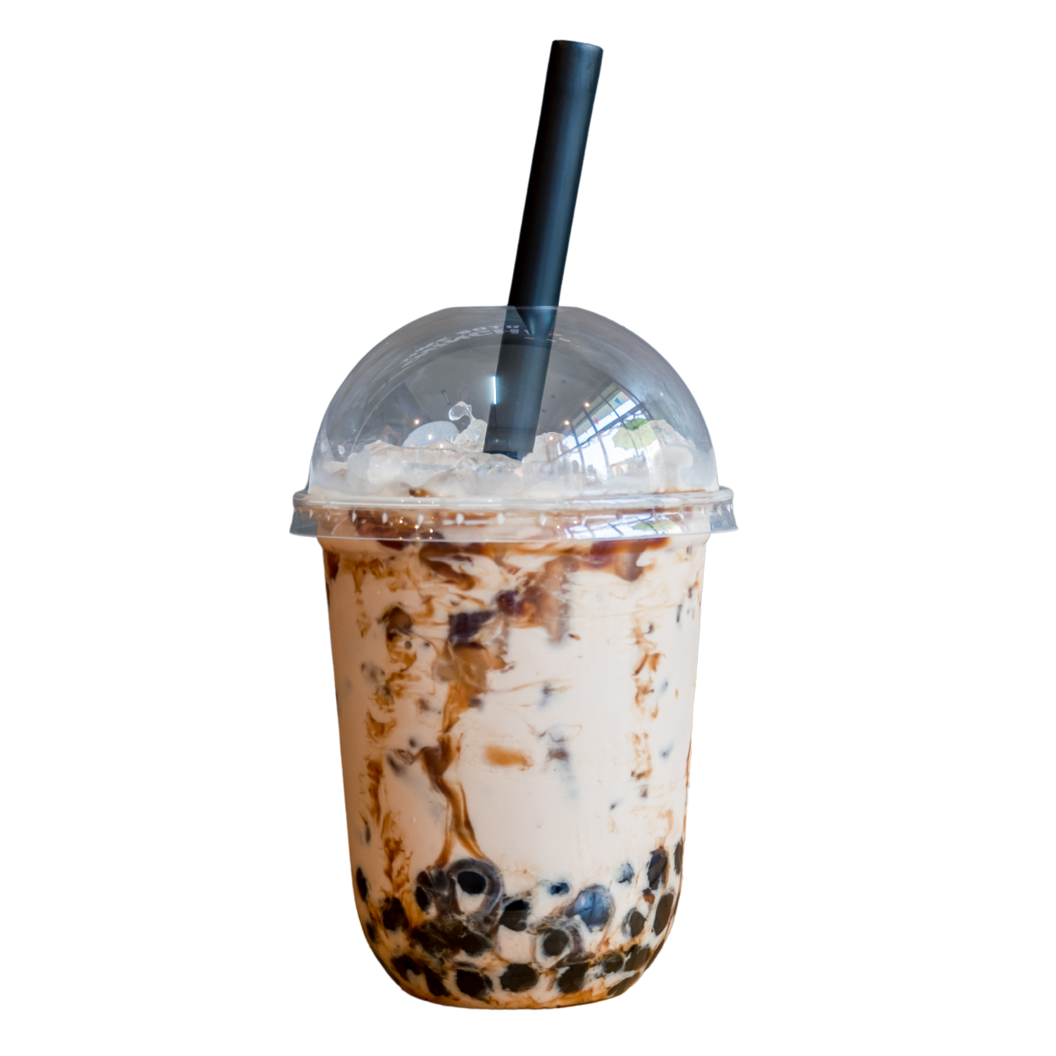 Cup of bubble tea topped with whipped cream.