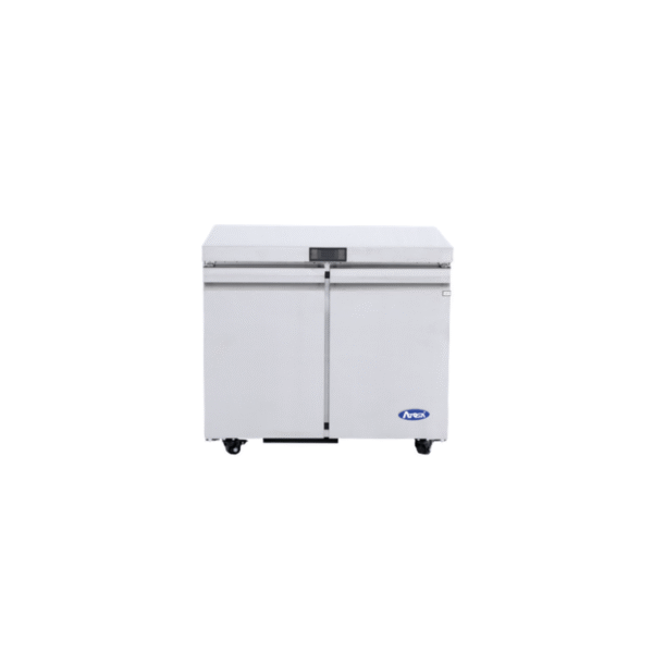 36-inch stainless steel undercounter refrigerator with two solid doors.