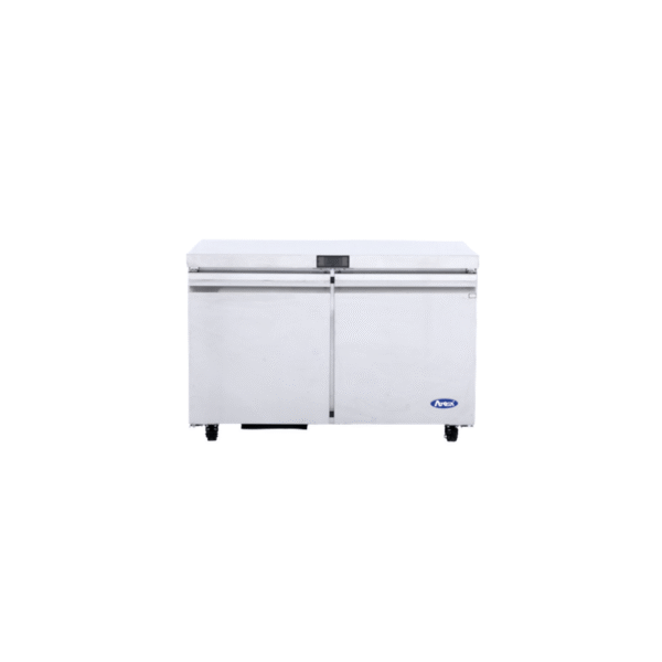 48-inch stainless steel undercounter refrigerator with two solid doors.