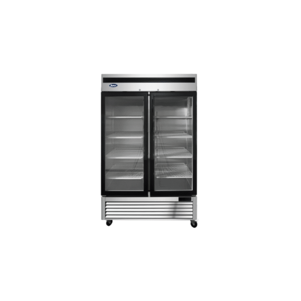 Two-section commercial glass door freezer with stainless steel exterior.