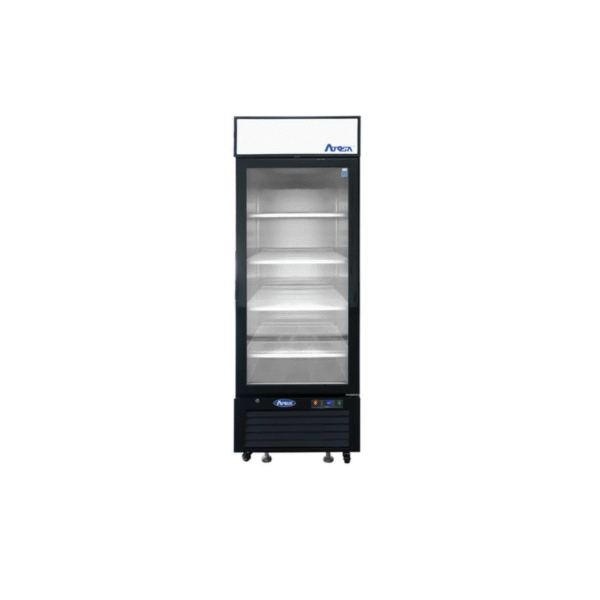 Left-hinged glass door refrigerator with black exterior.