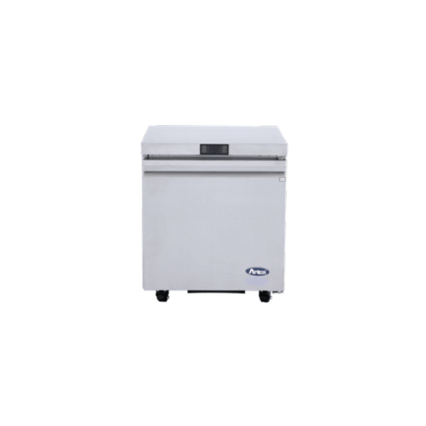 Stainless steel undercounter refrigerator with solid door.