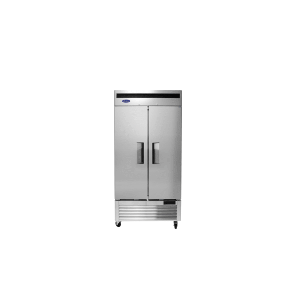 Front two-section stainless steel reach-in freezer.