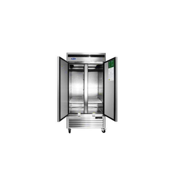 Open two-section stainless steel reach-in freezer.