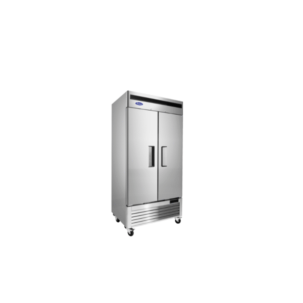 Side view two-section stainless steel reach-in freezer.