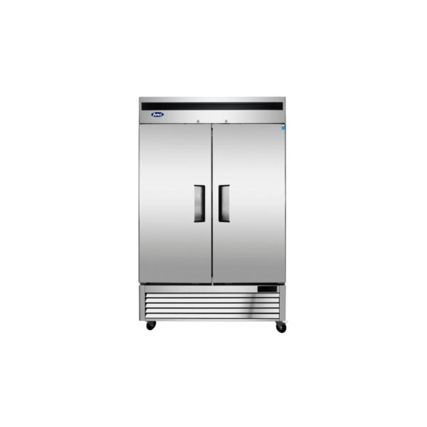 Stainless steel two-section reach-in freezer.