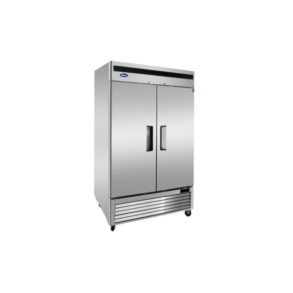 Side view of stainless steel two-section reach-in freezer.