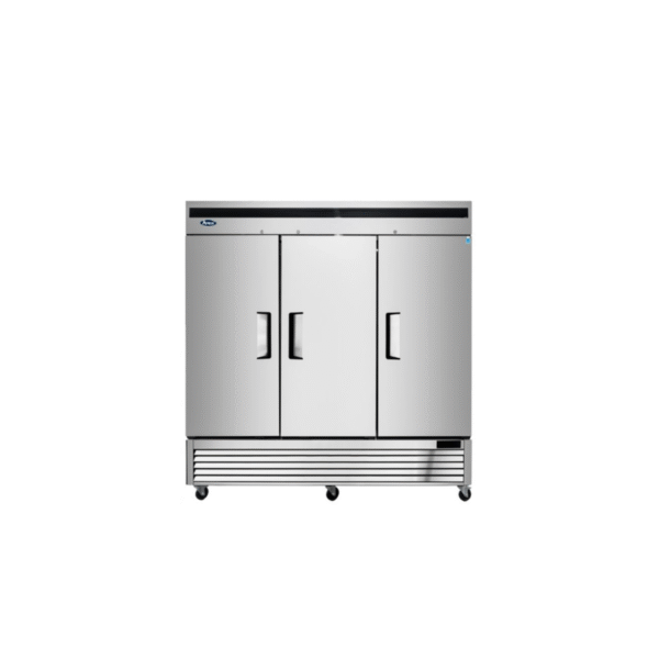 Front three-door stainless steel commercial reach-in freezer.