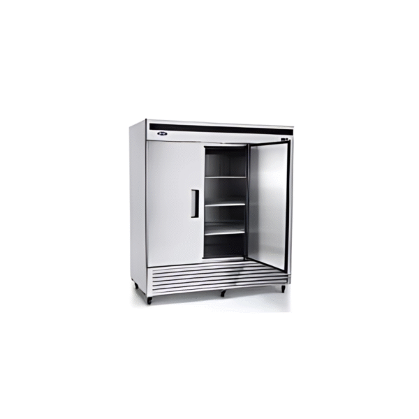 Open three-door stainless steel commercial reach-in freezer.