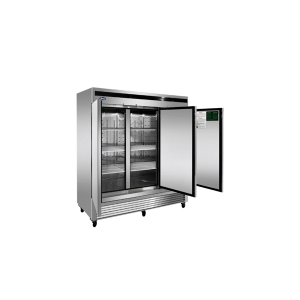 Open three-door stainless steel commercial reach-in freezer.