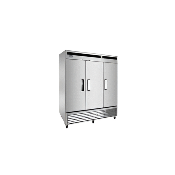 Side view of three-door stainless steel commercial reach-in freezer.