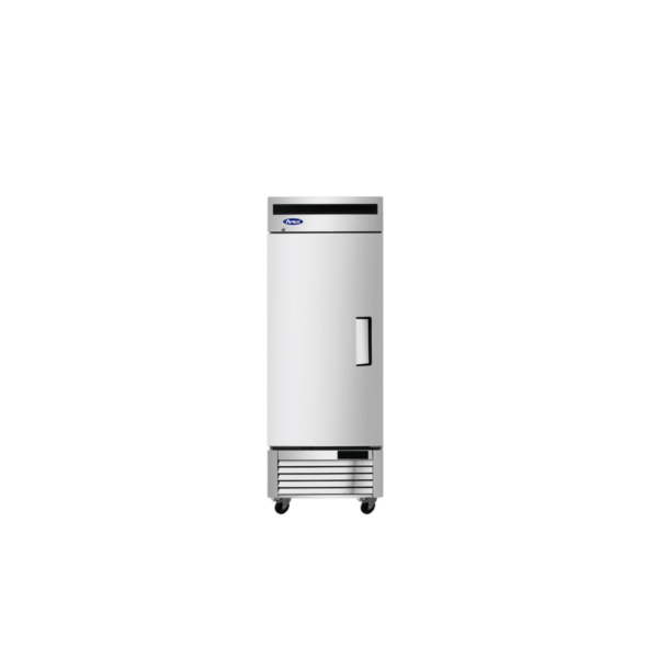 Stainless steel bottom-mount reach-in refrigerator.