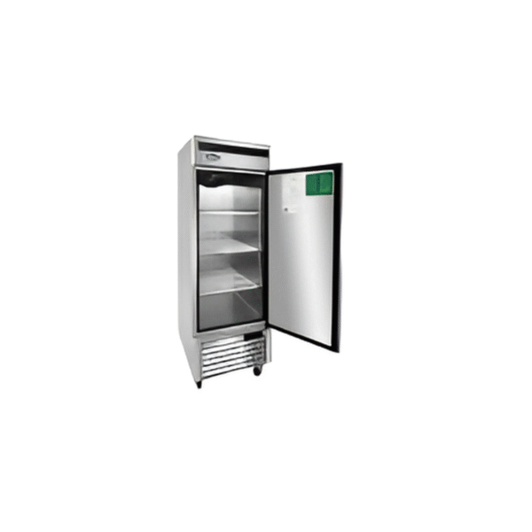 Open stainless steel bottom-mount reach-in refrigerator.