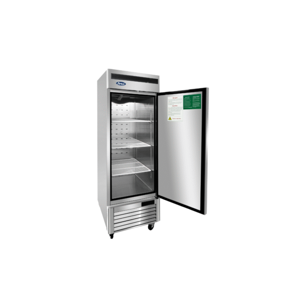 Open stainless steel bottom-mount one-section reach-in refrigerator.